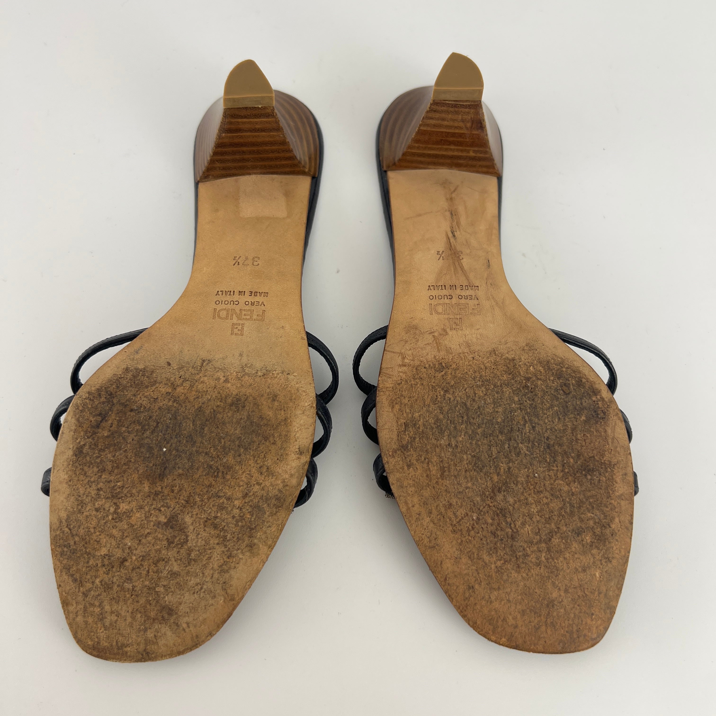Fendi | Navy FF Zucca Pattern Mid Heel Topstiching Canvas Mules (37.5)