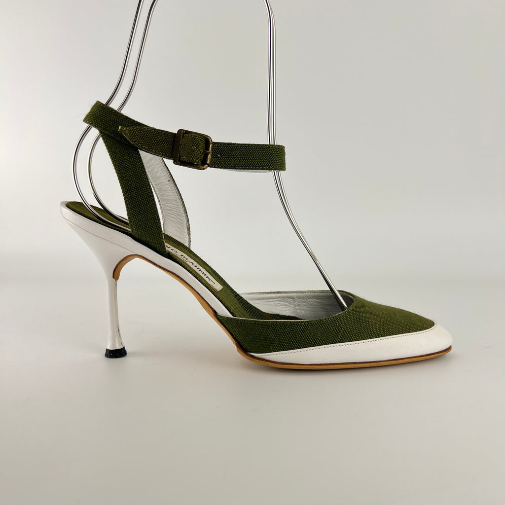 Manolo Blahnik | Vintage Green Canvas White Leather Ankle Wrap Pumps (37.5)