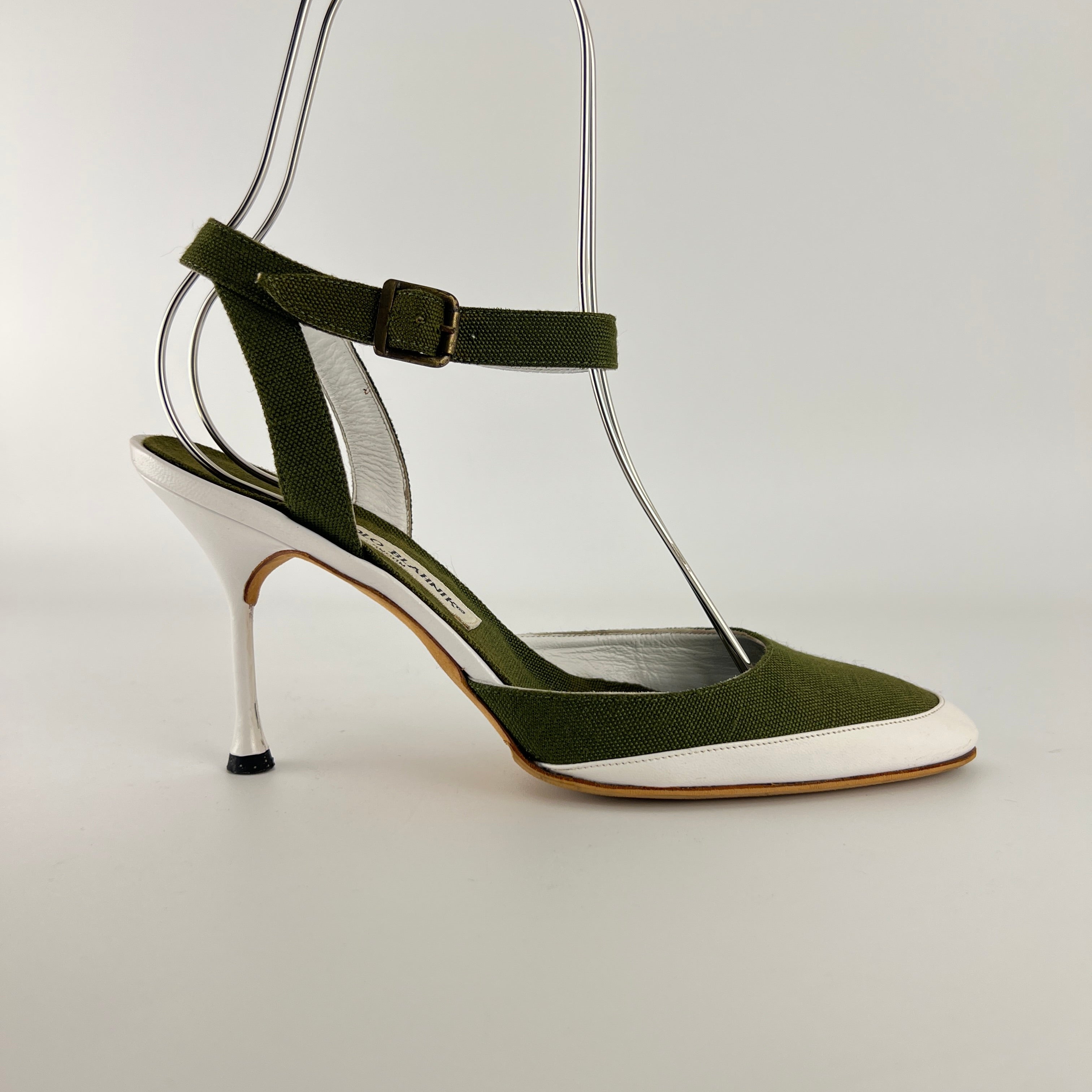 Manolo Blahnik | Vintage Green Canvas White Leather Ankle Wrap Pumps (37.5)