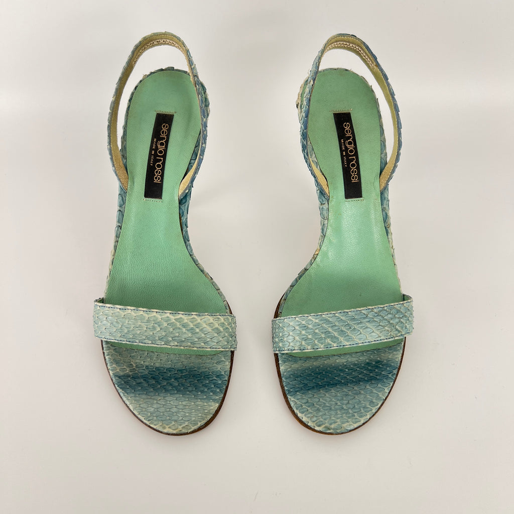 Sergio Rossi | Turquoise Blue Snake Leather Slingback Sandal Heels (35)
