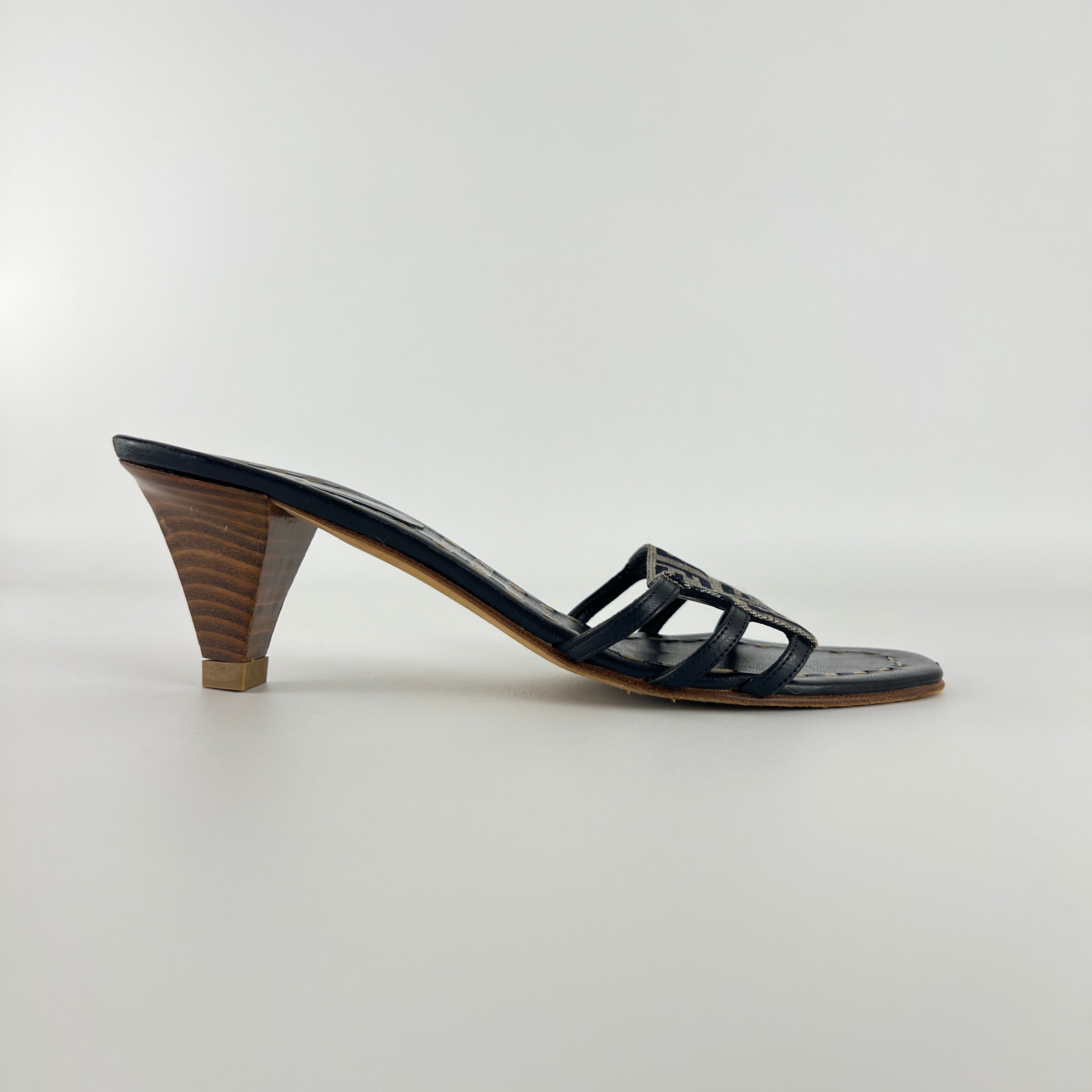 Fendi | Navy FF Zucca Pattern Mid Heel Topstiching Canvas Mules (37.5)