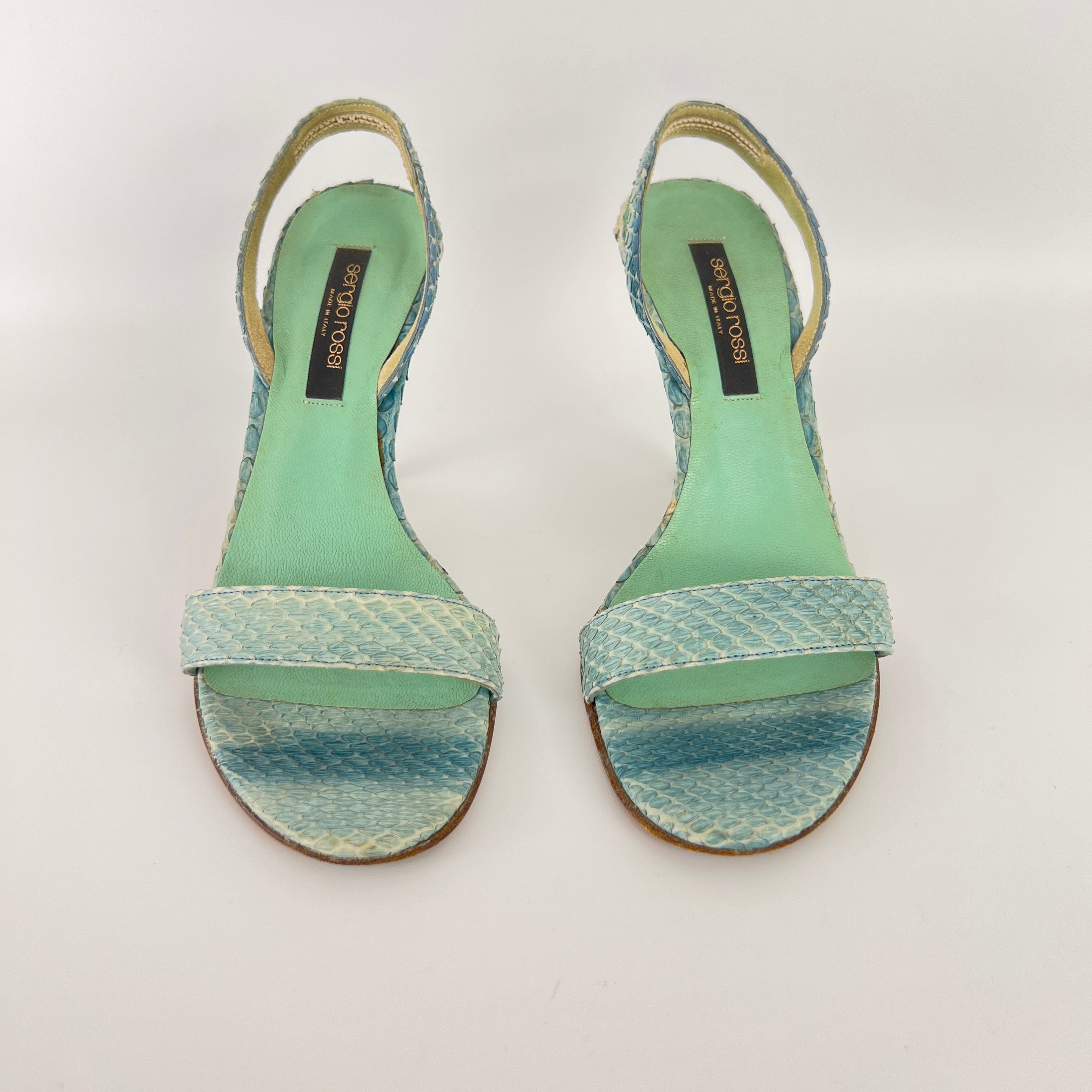 Sergio Rossi | Turquoise Blue Snake Leather Slingback Sandal Heels (35)