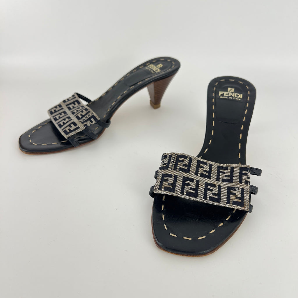 Fendi | Navy FF Zucca Pattern Mid Heel Topstiching Canvas Mules (37.5)