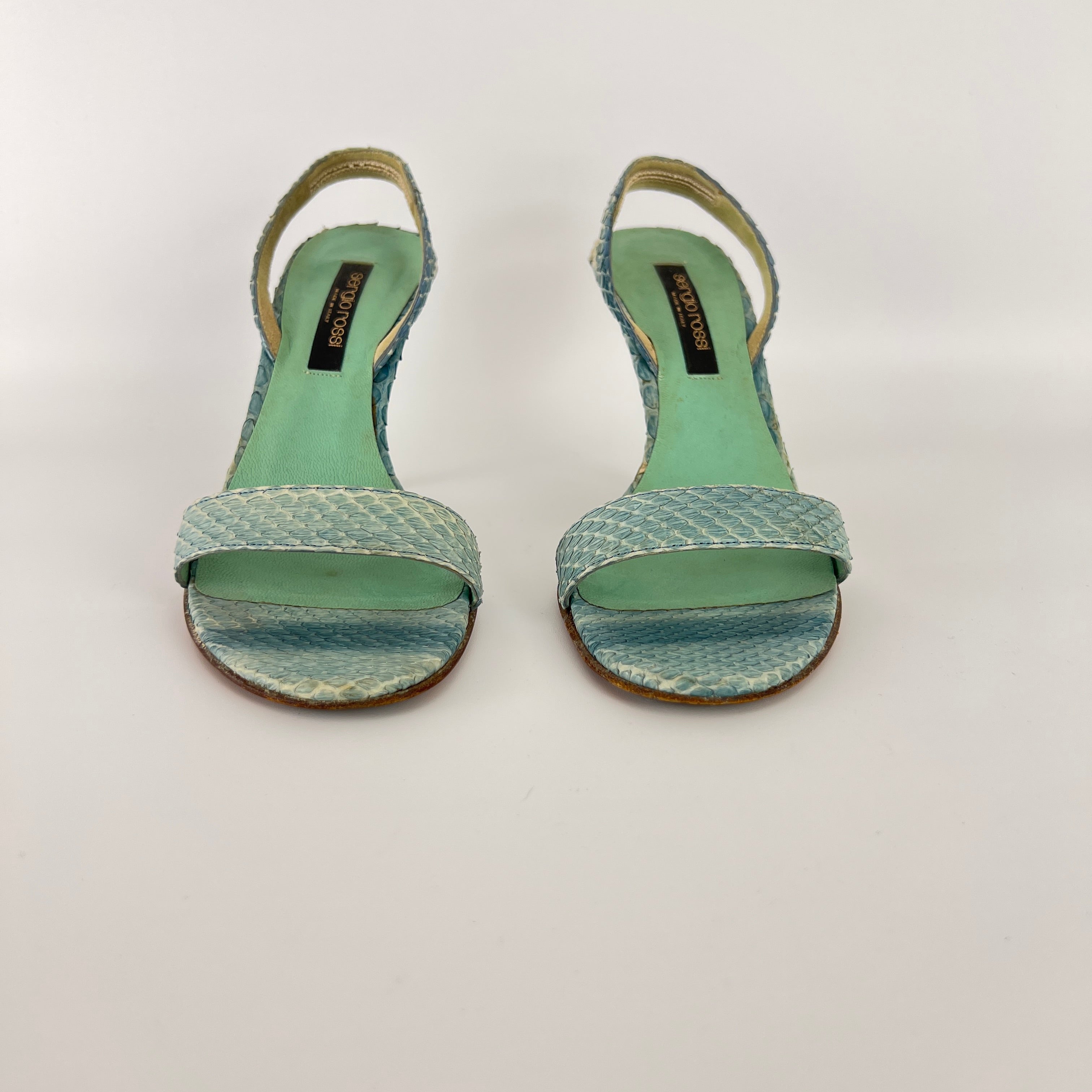 Sergio Rossi | Turquoise Blue Snake Leather Slingback Sandal Heels (35)