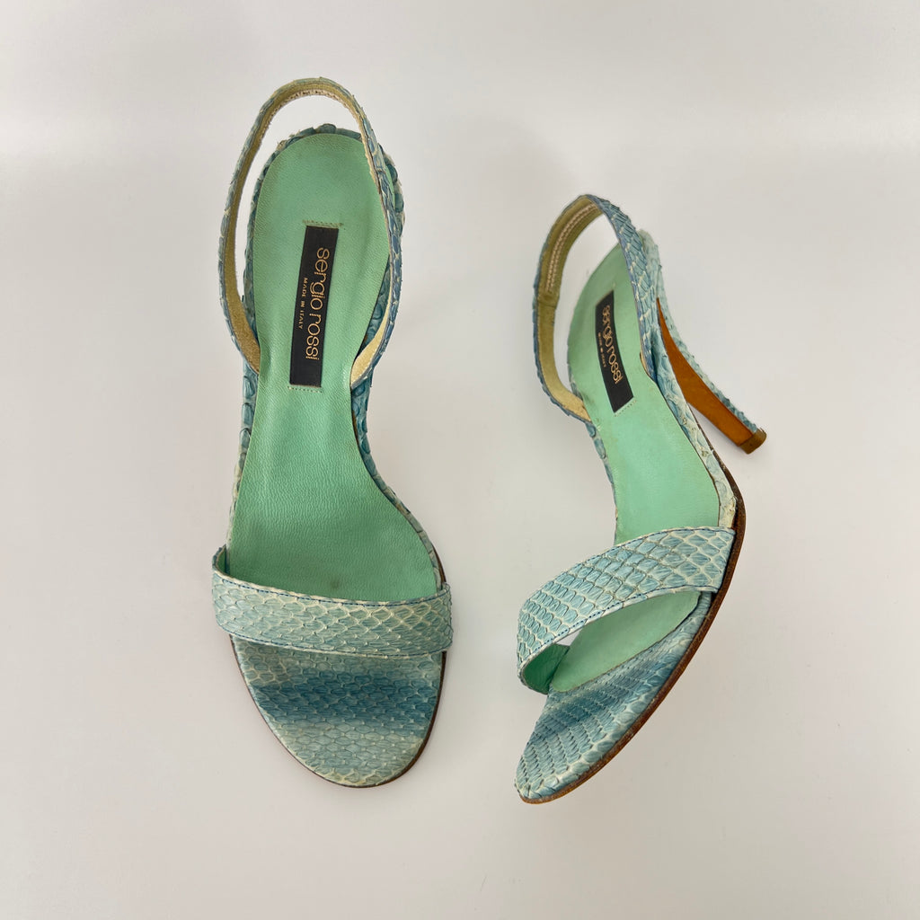 Sergio Rossi | Turquoise Blue Snake Leather Slingback Sandal Heels (35)