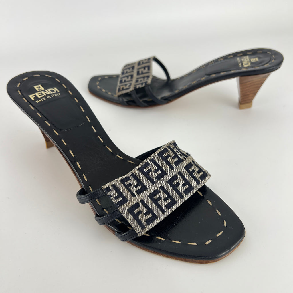 Fendi | Navy FF Zucca Pattern Mid Heel Topstiching Canvas Mules (37.5)