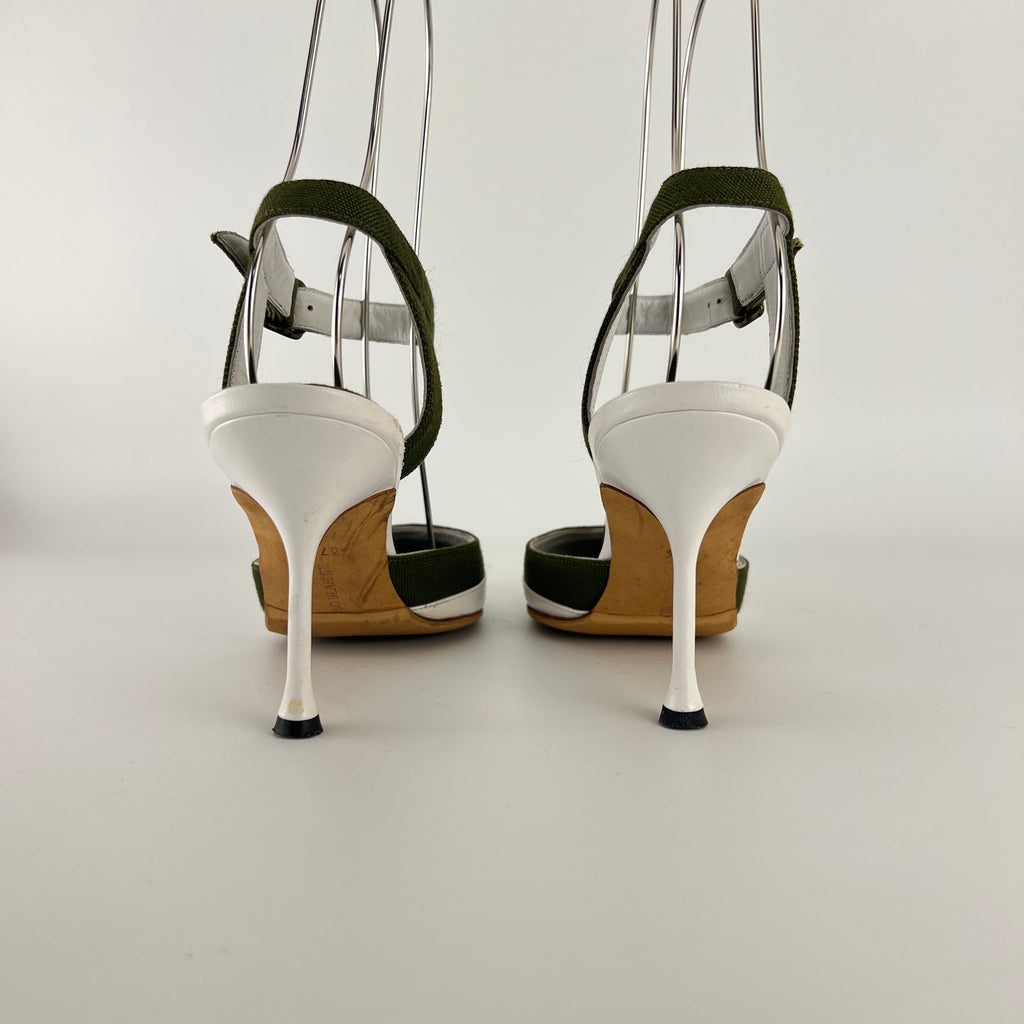 Manolo Blahnik | Vintage Green Canvas White Leather Ankle Wrap Pumps (37.5)