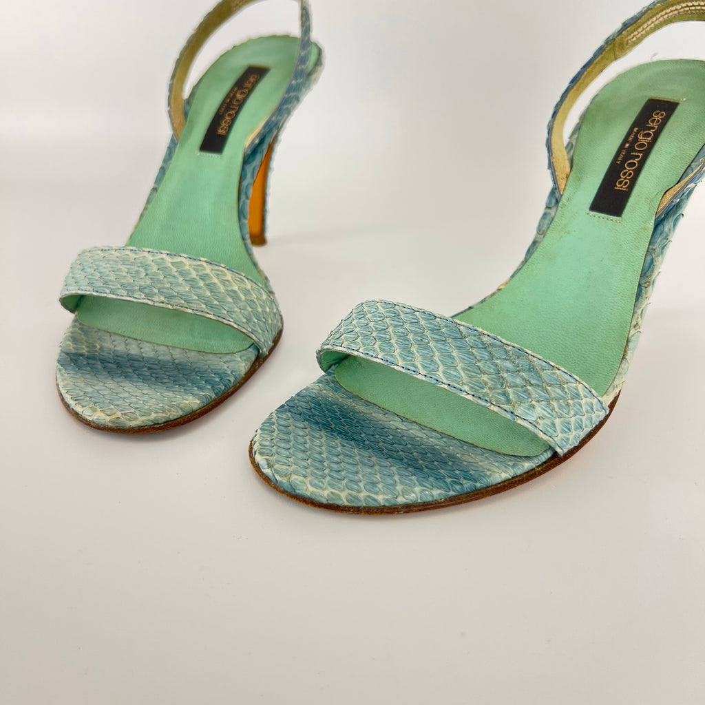 Sergio Rossi | Turquoise Blue Snake Leather Slingback Sandal Heels (35)