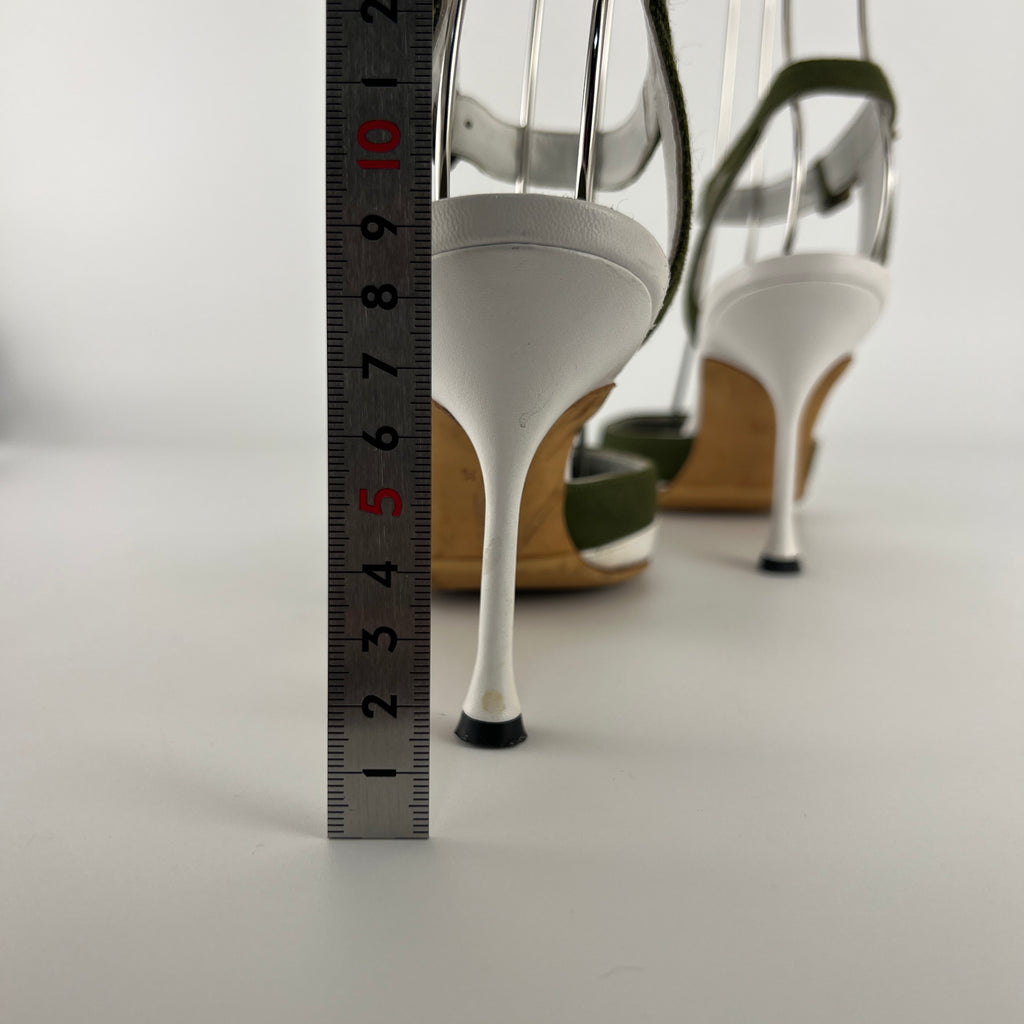 Manolo Blahnik | Vintage Green Canvas White Leather Ankle Wrap Pumps (37.5)