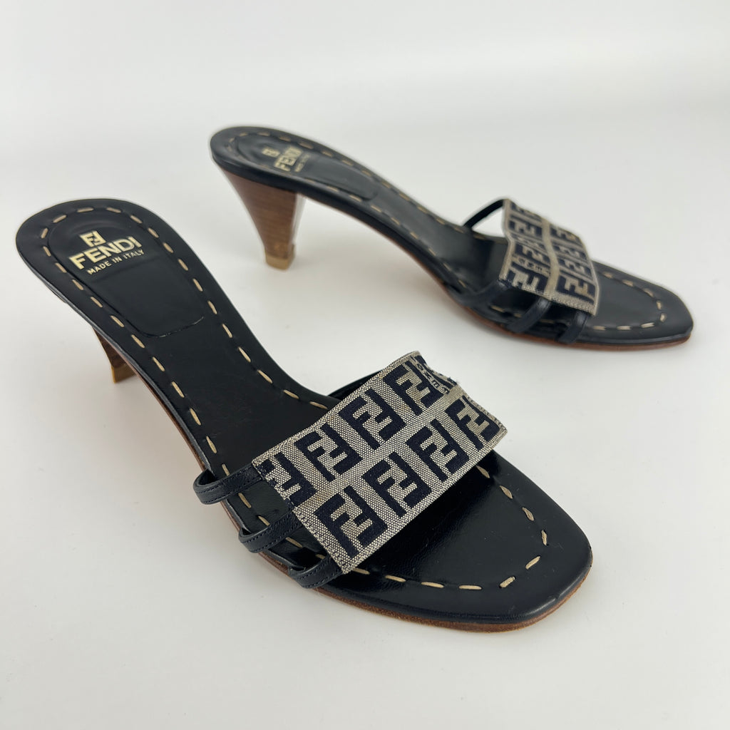 Fendi | Navy FF Zucca Pattern Mid Heel Topstiching Canvas Mules (37.5)