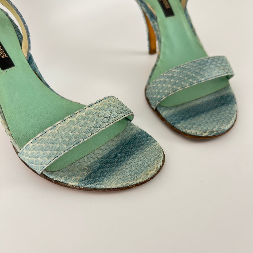 Sergio Rossi | Turquoise Blue Snake Leather Slingback Sandal Heels (35)