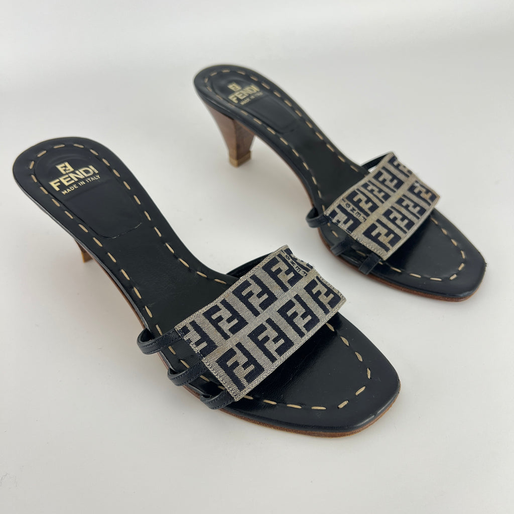 Fendi | Navy FF Zucca Pattern Mid Heel Topstiching Canvas Mules (37.5)