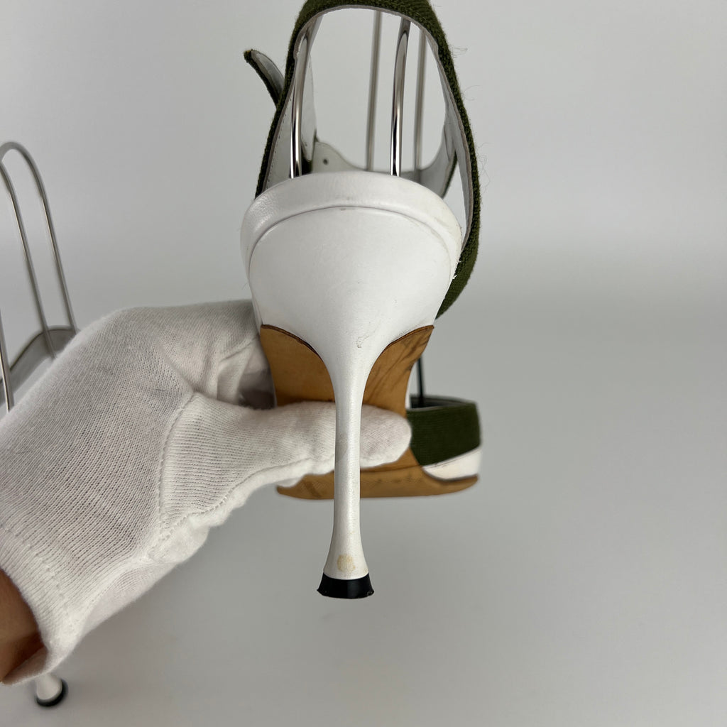 Manolo Blahnik | Vintage Green Canvas White Leather Ankle Wrap Pumps (37.5)