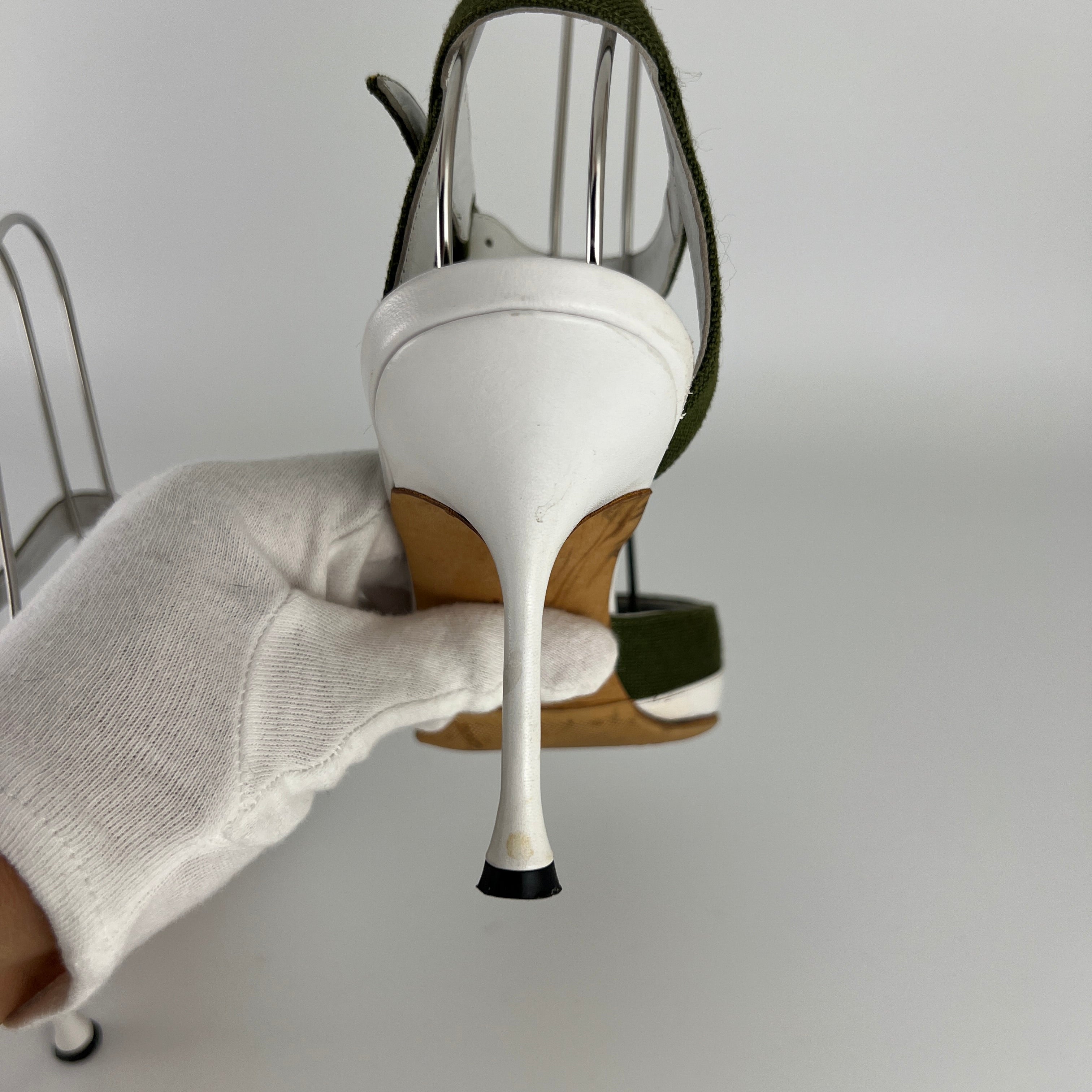 Manolo Blahnik | Vintage Green Canvas White Leather Ankle Wrap Pumps (37.5)