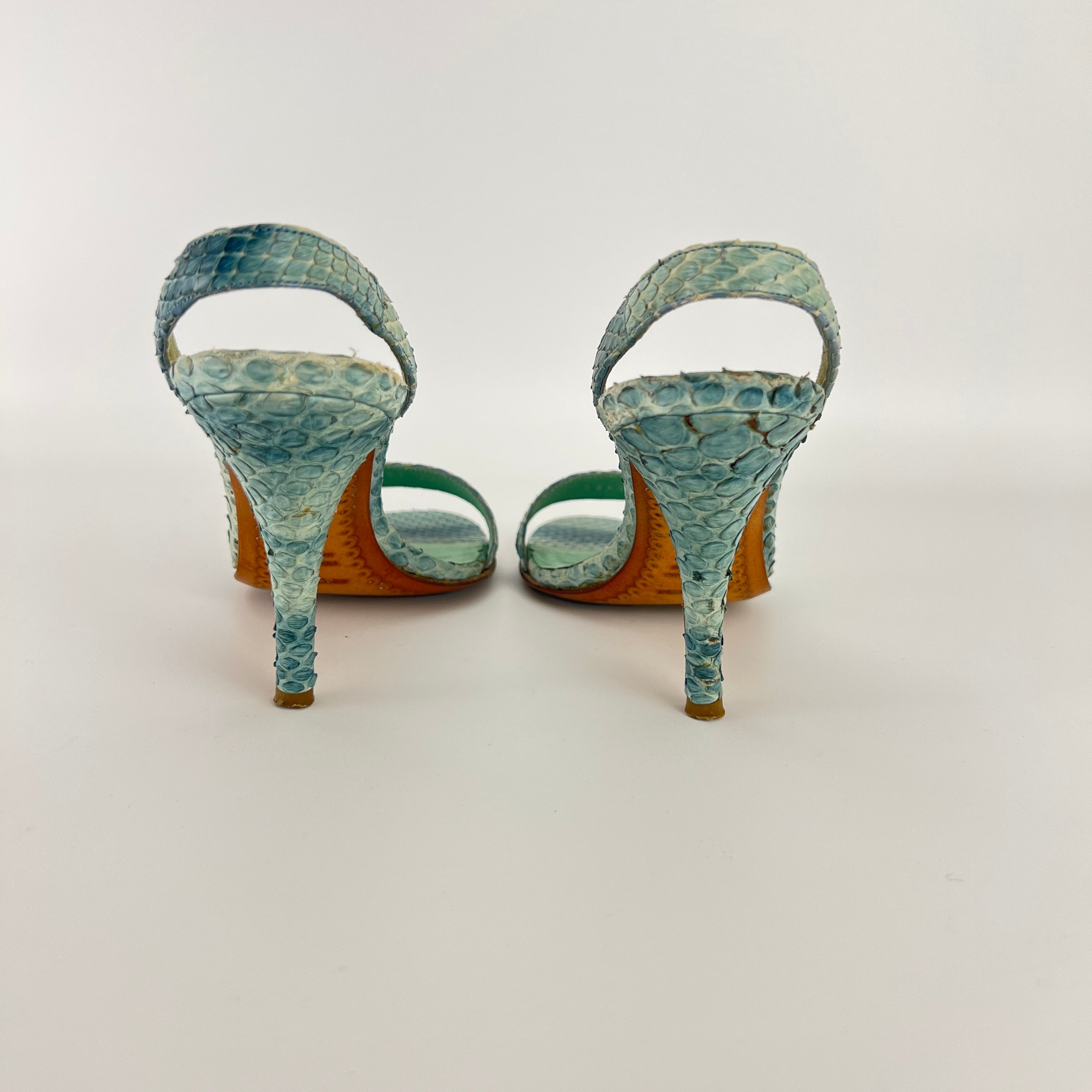 Sergio Rossi | Turquoise Blue Snake Leather Slingback Sandal Heels (35)