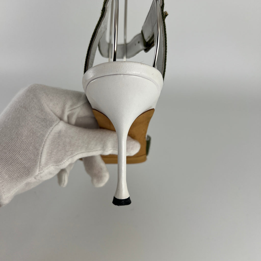 Manolo Blahnik | Vintage Green Canvas White Leather Ankle Wrap Pumps (37.5)