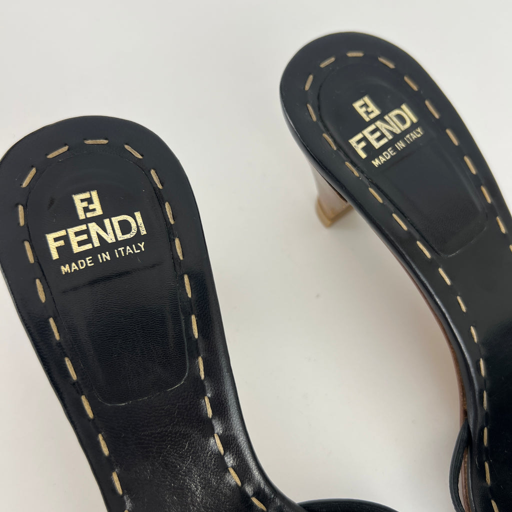 Fendi | Navy FF Zucca Pattern Mid Heel Topstiching Canvas Mules (37.5)