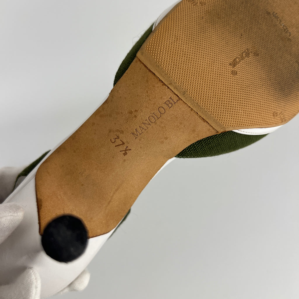 Manolo Blahnik | Vintage Green Canvas White Leather Ankle Wrap Pumps (37.5)