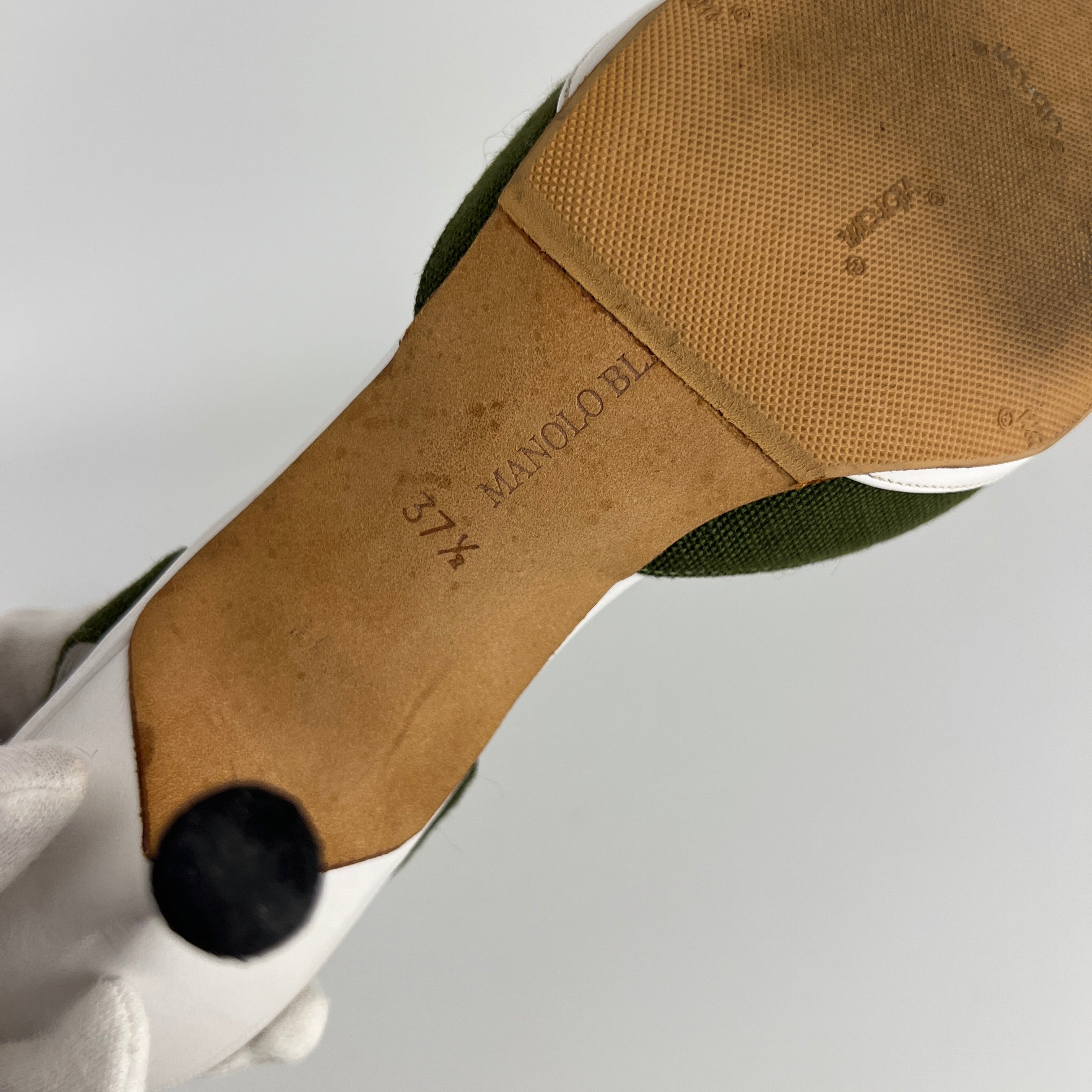 Manolo Blahnik | Vintage Green Canvas White Leather Ankle Wrap Pumps (37.5)