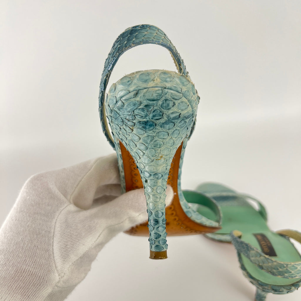 Sergio Rossi | Turquoise Blue Snake Leather Slingback Sandal Heels (35)