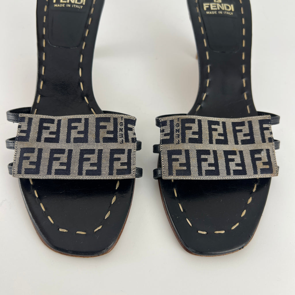 Fendi | Navy FF Zucca Pattern Mid Heel Topstiching Canvas Mules (37.5)