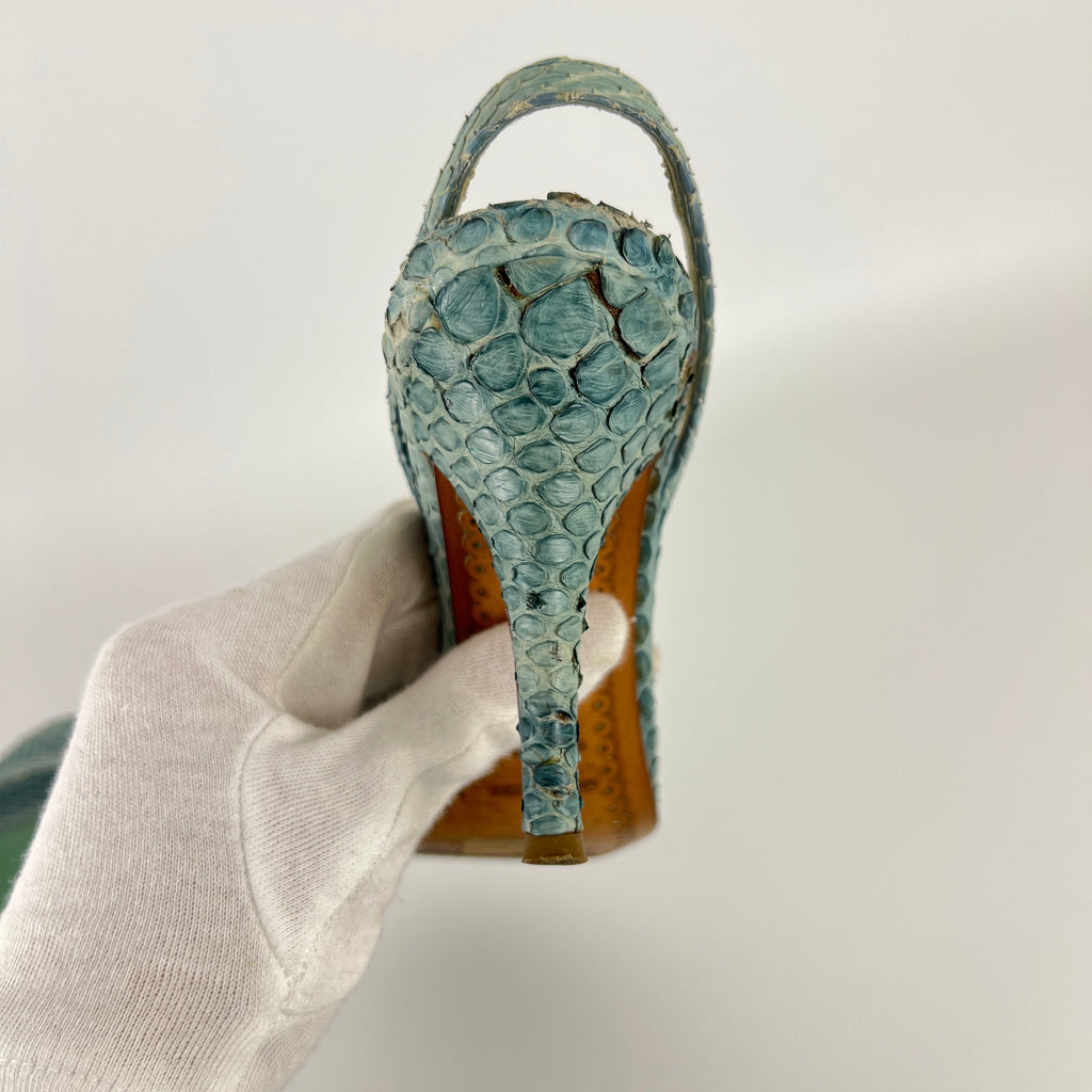 Sergio Rossi | Turquoise Blue Snake Leather Slingback Sandal Heels (35)