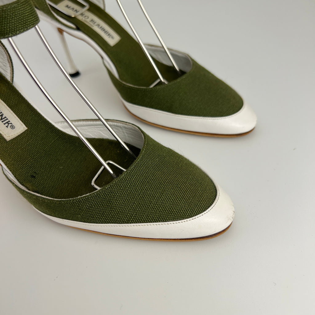 Manolo Blahnik | Vintage Green Canvas White Leather Ankle Wrap Pumps (37.5)