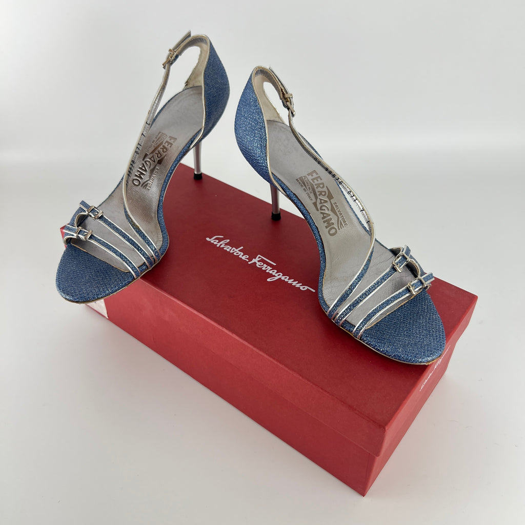 Ferragamo | Blue Silver "Denim" Exotic Leather Dainty Buckles Strappy Heel (7C)