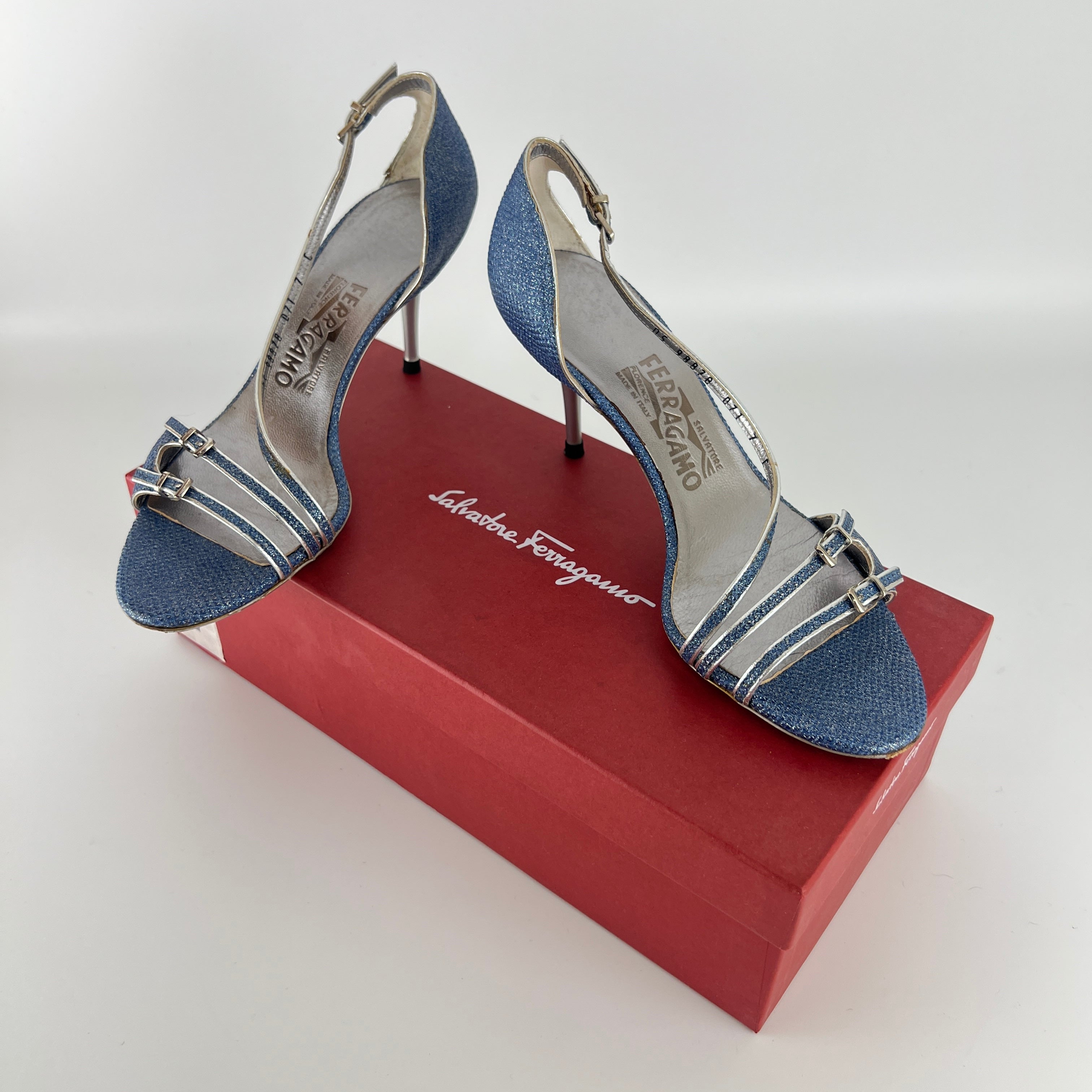 Ferragamo | Blue Silver "Denim" Exotic Leather Dainty Buckles Strappy Heel (7C)