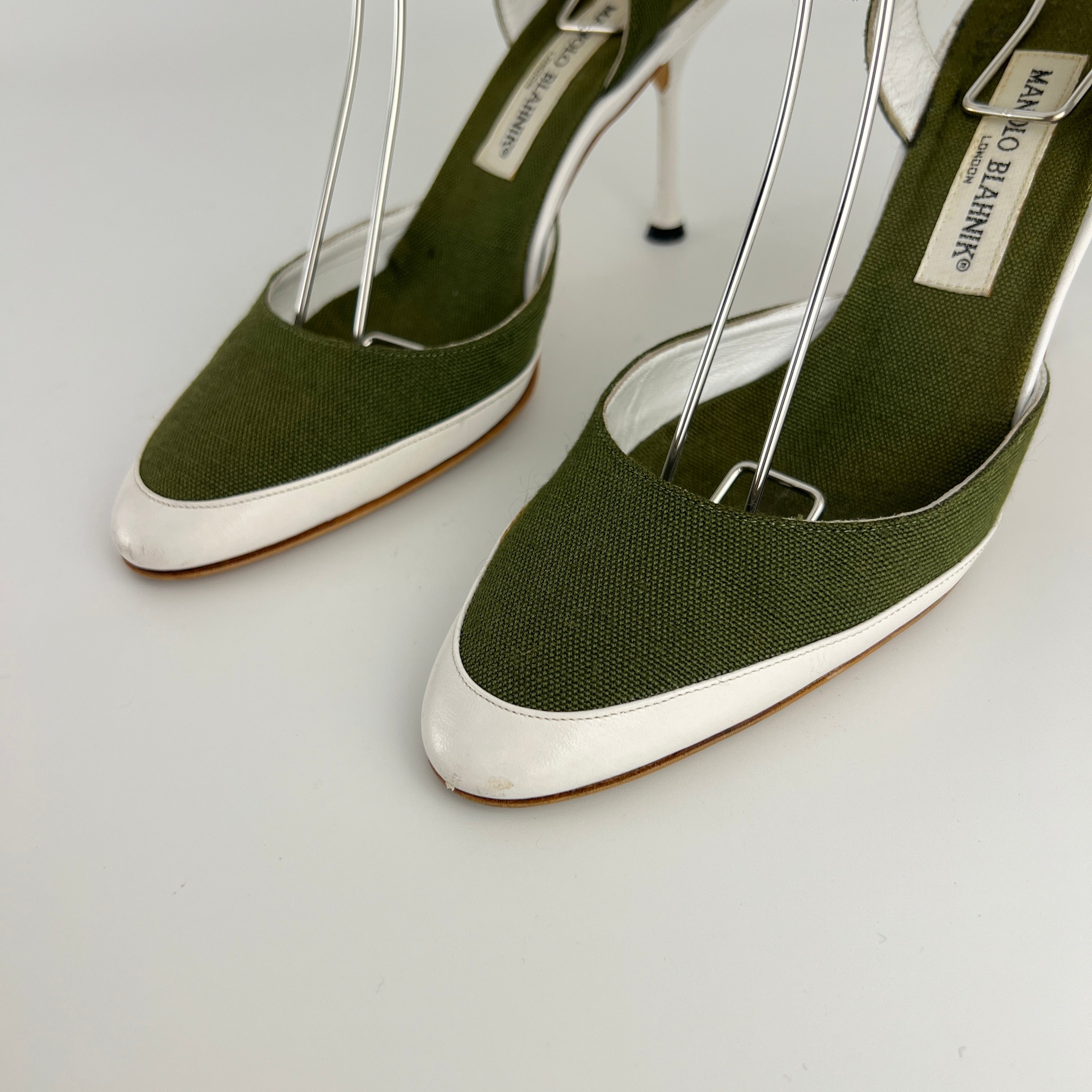 Manolo Blahnik | Vintage Green Canvas White Leather Ankle Wrap Pumps (37.5)