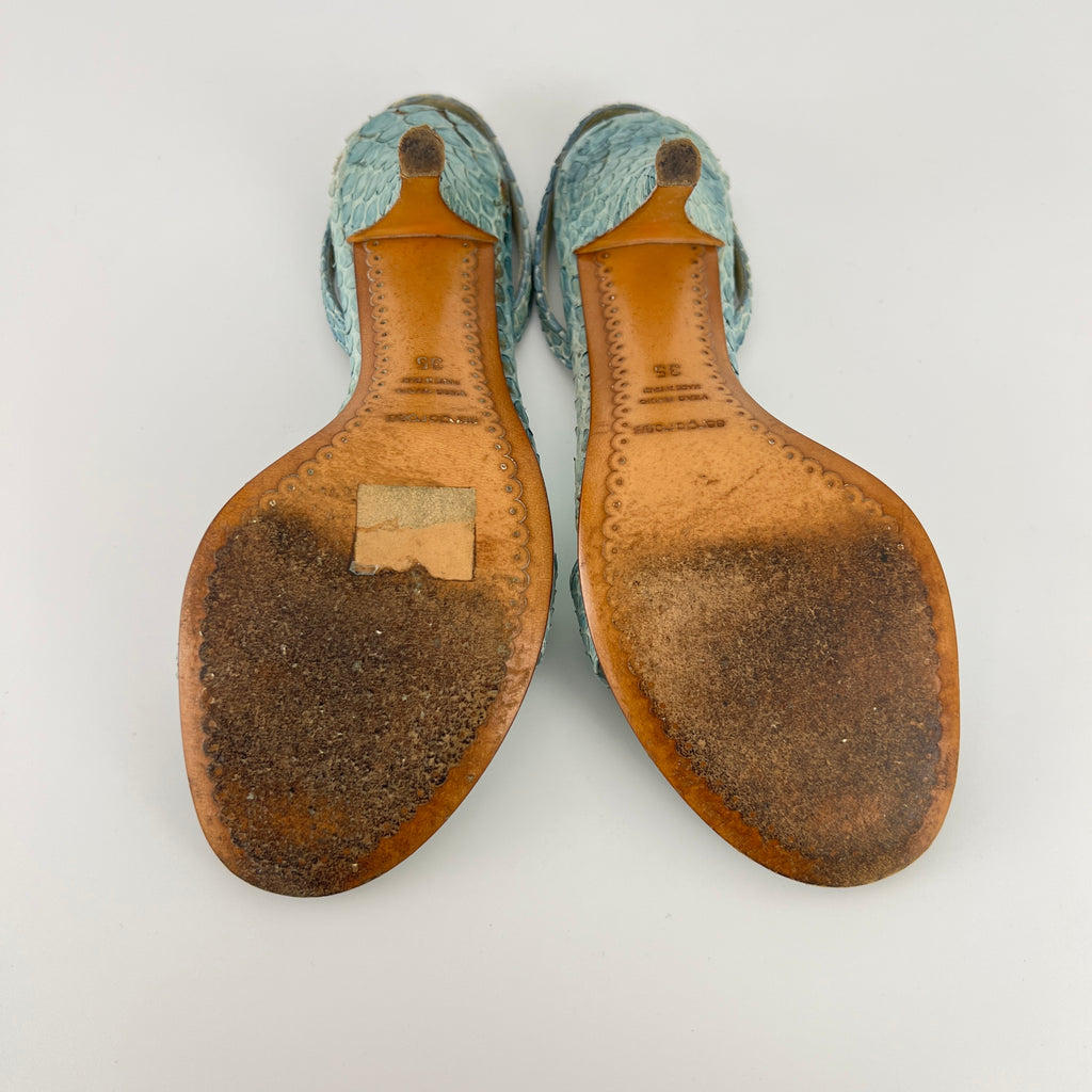 Sergio Rossi | Turquoise Blue Snake Leather Slingback Sandal Heels (35)