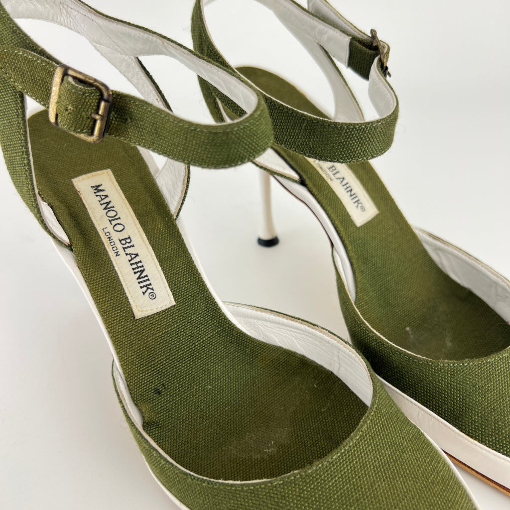 Manolo Blahnik | Vintage Green Canvas White Leather Ankle Wrap Pumps (37.5)