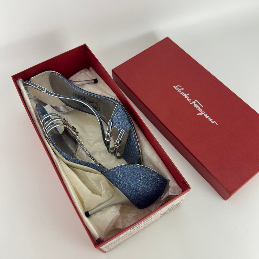 Ferragamo | Blue Silver "Denim" Exotic Leather Dainty Buckles Strappy Heel (7C)