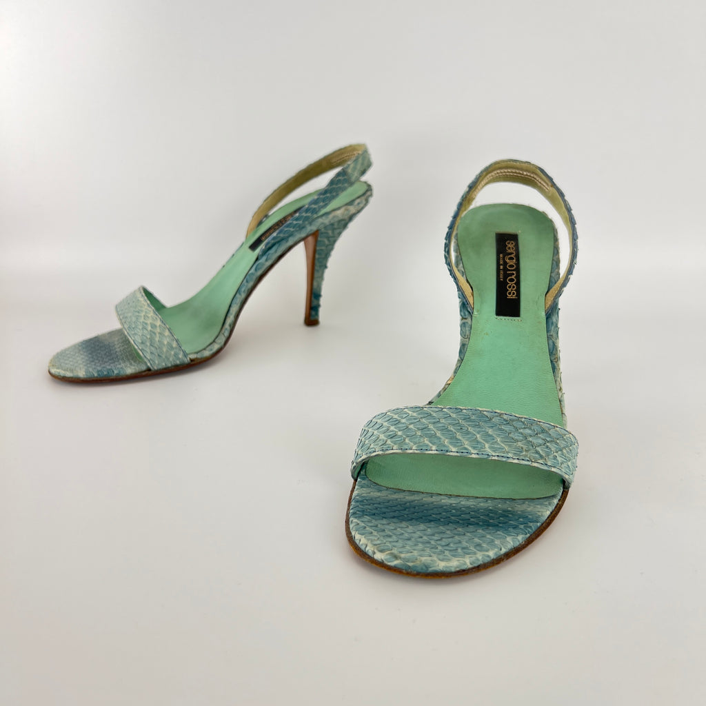Sergio Rossi | Turquoise Blue Snake Leather Slingback Sandal Heels (35)