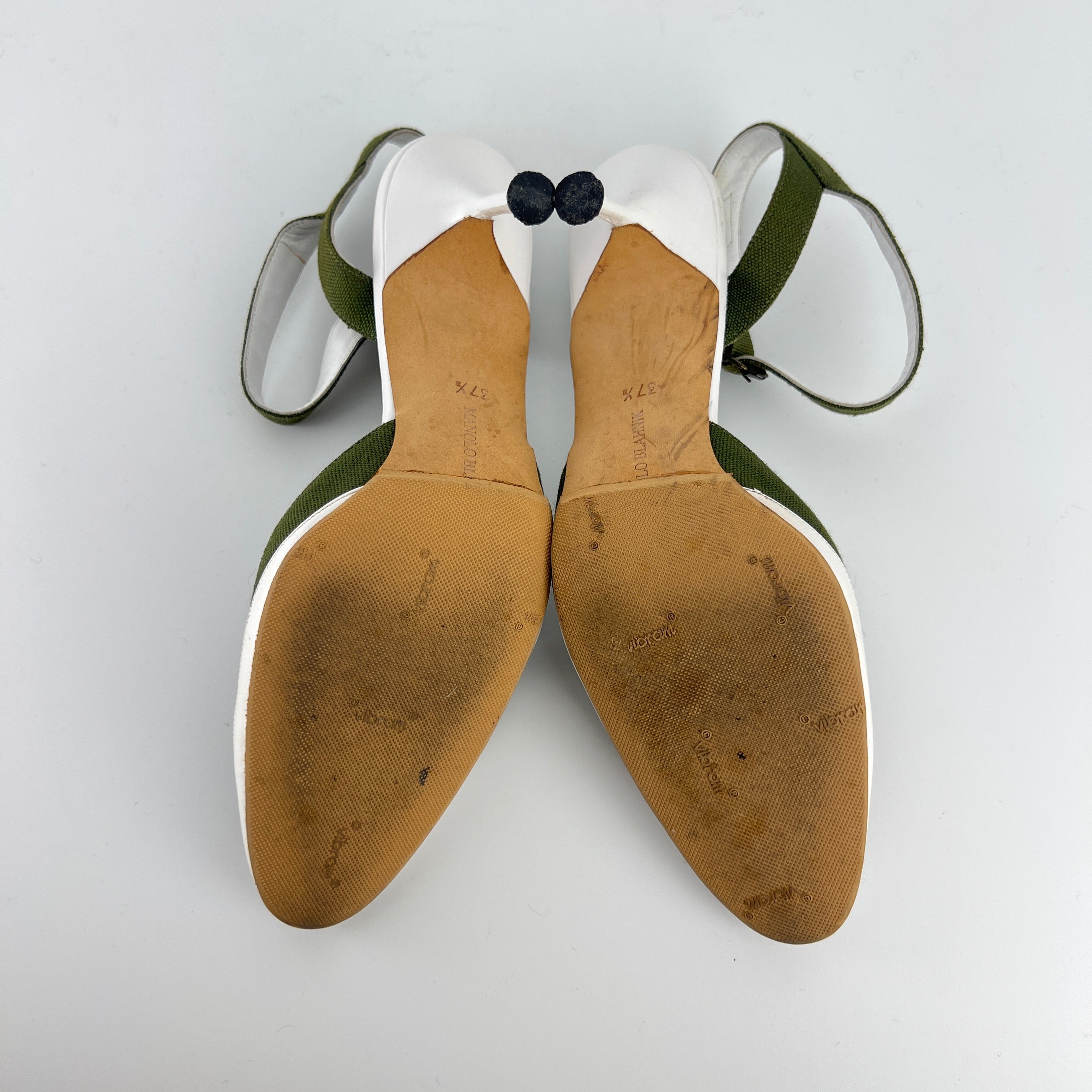 Manolo Blahnik | Vintage Green Canvas White Leather Ankle Wrap Pumps (37.5)