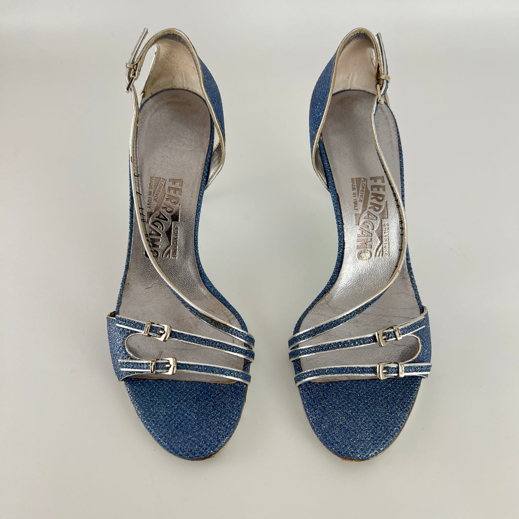 Ferragamo | Blue Silver "Denim" Exotic Leather Dainty Buckles Strappy Heel (7C)