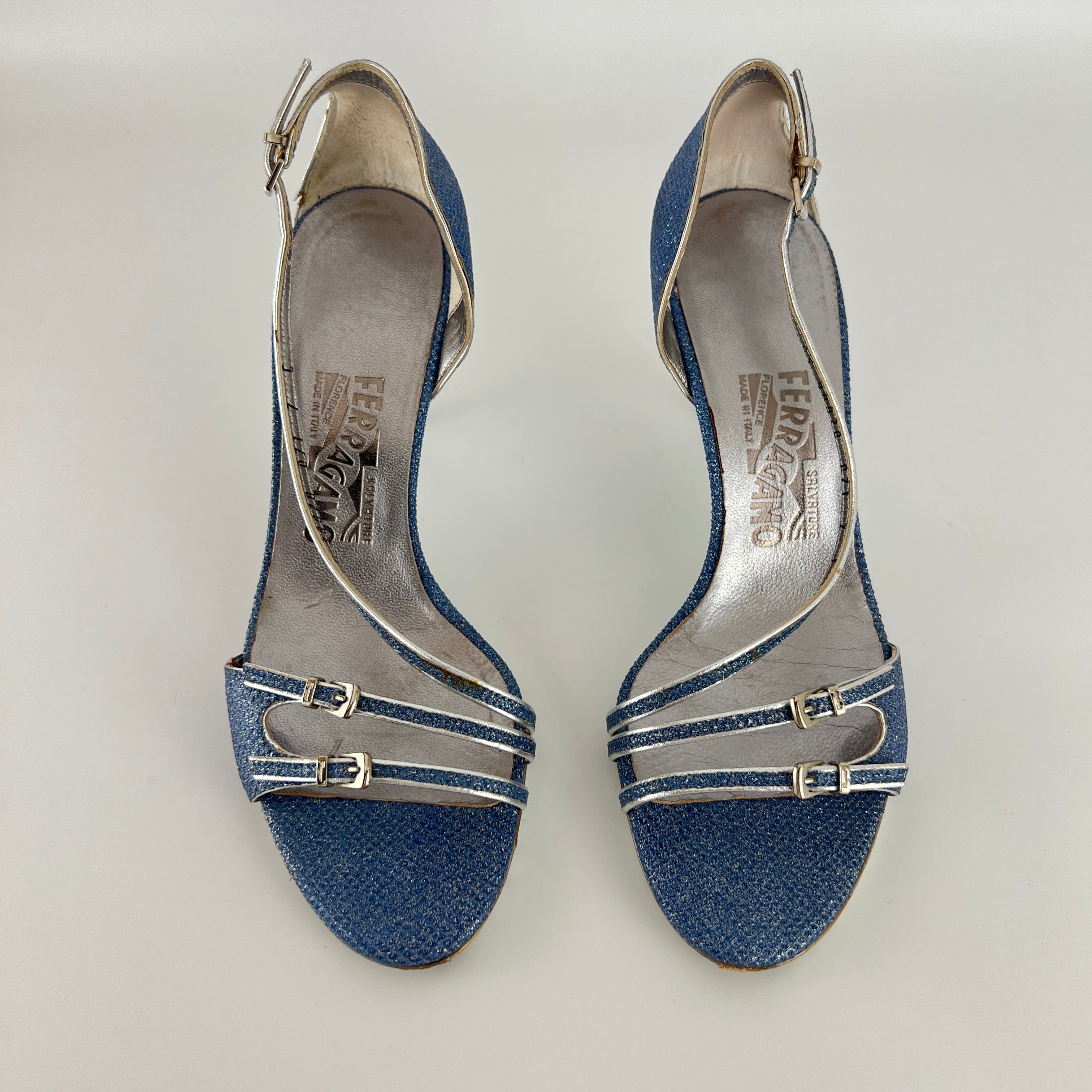 Ferragamo | Blue Silver "Denim" Exotic Leather Dainty Buckles Strappy Heel (7C)