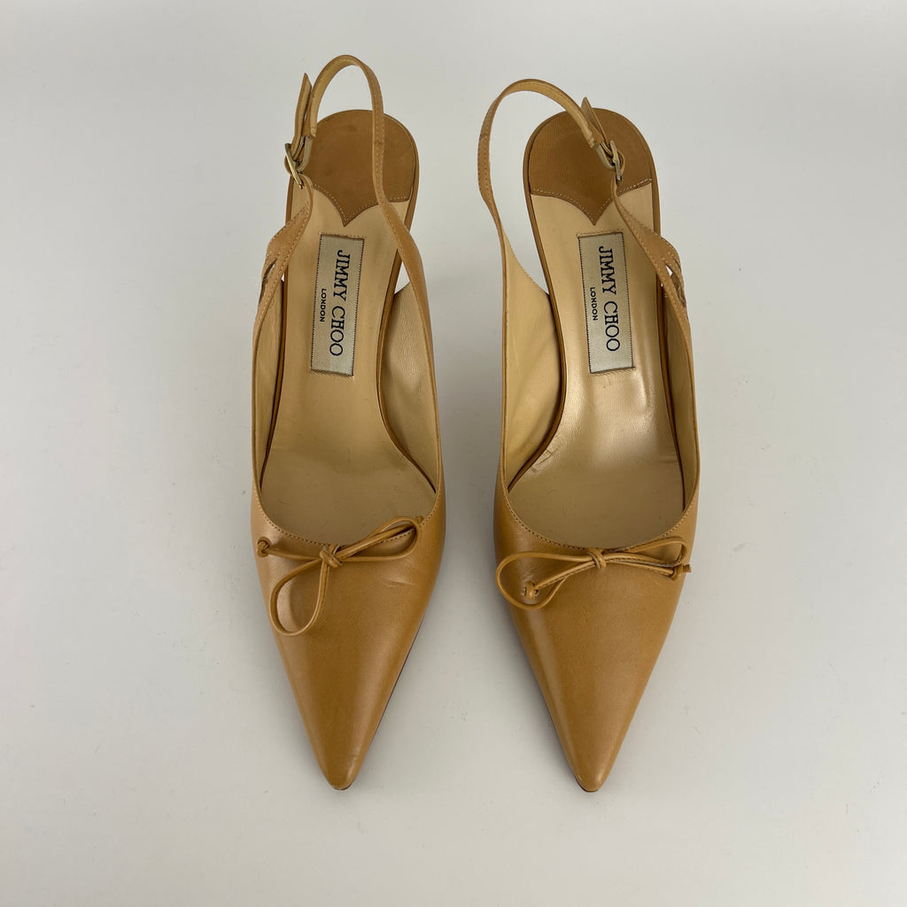 Jimmy Choo | Nude Leather Bow Pointed Toe Slingback Pumps (39)