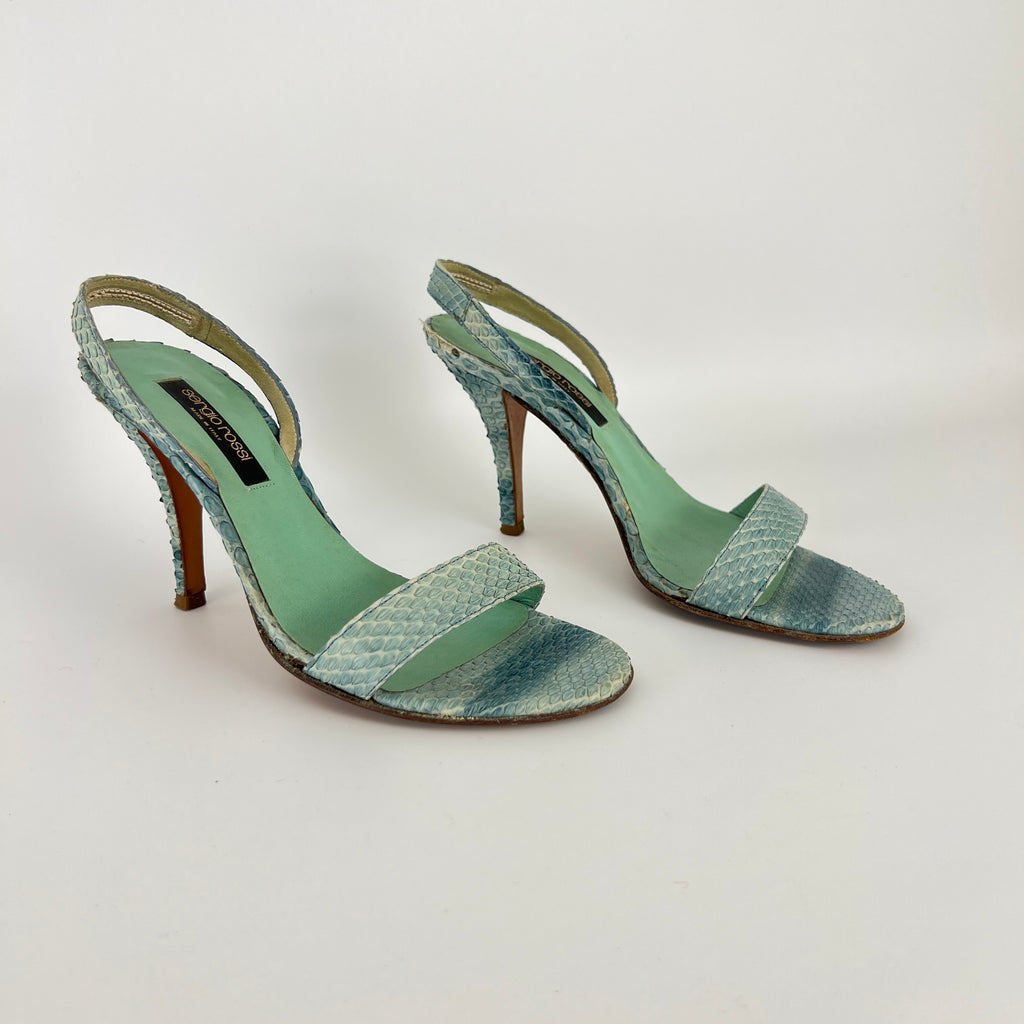 Sergio Rossi | Turquoise Blue Snake Leather Slingback Sandal Heels (35)