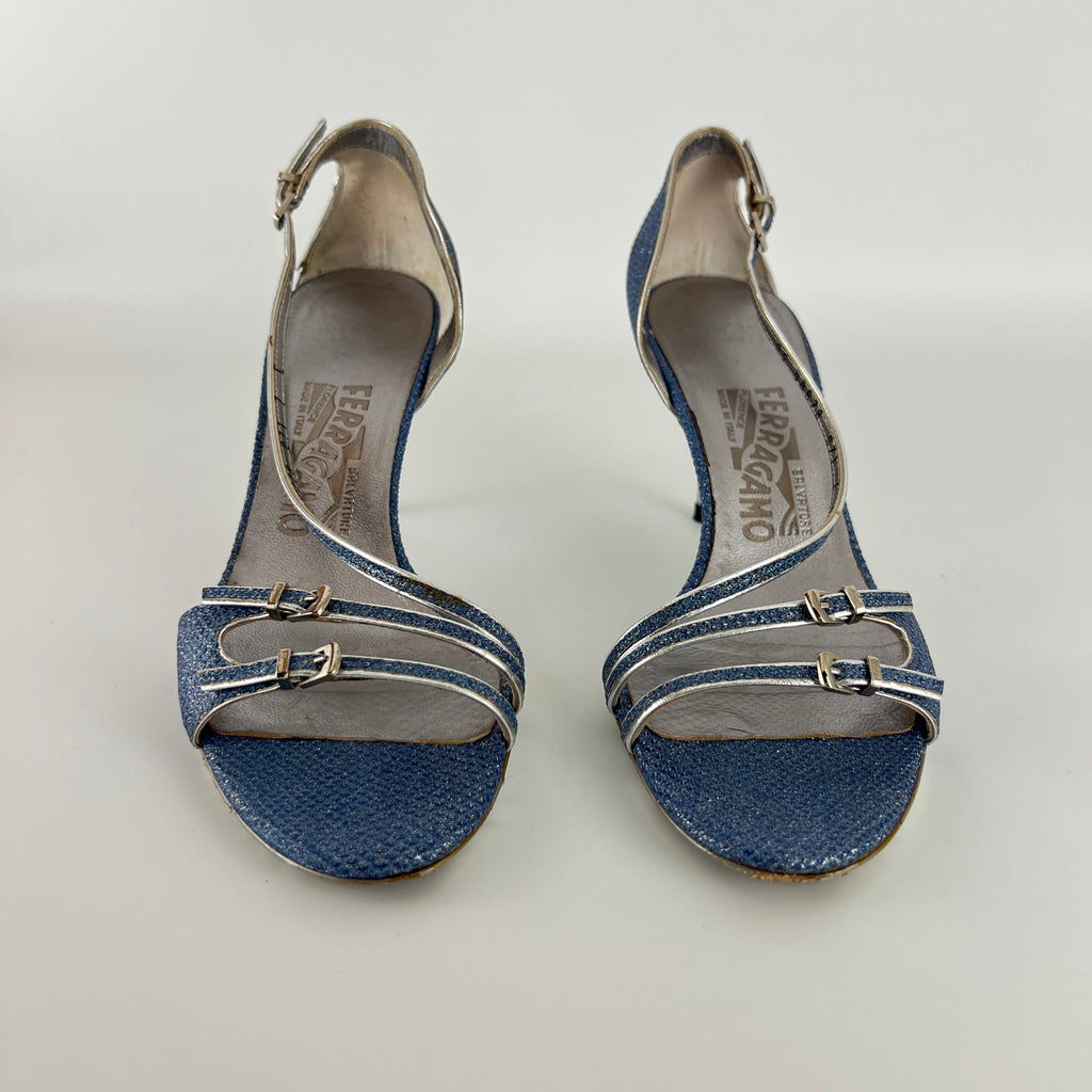 Ferragamo | Blue Silver "Denim" Exotic Leather Dainty Buckles Strappy Heel (7C)