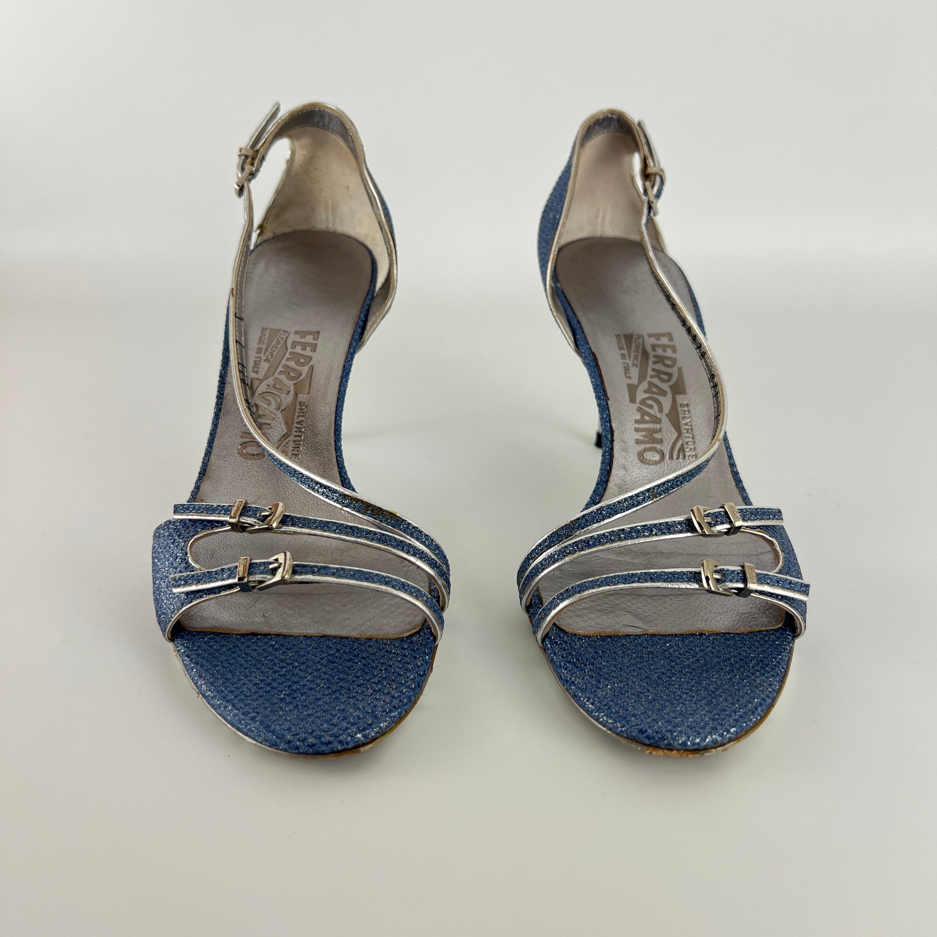 Ferragamo | Blue Silver "Denim" Exotic Leather Dainty Buckles Strappy Heel (7C)