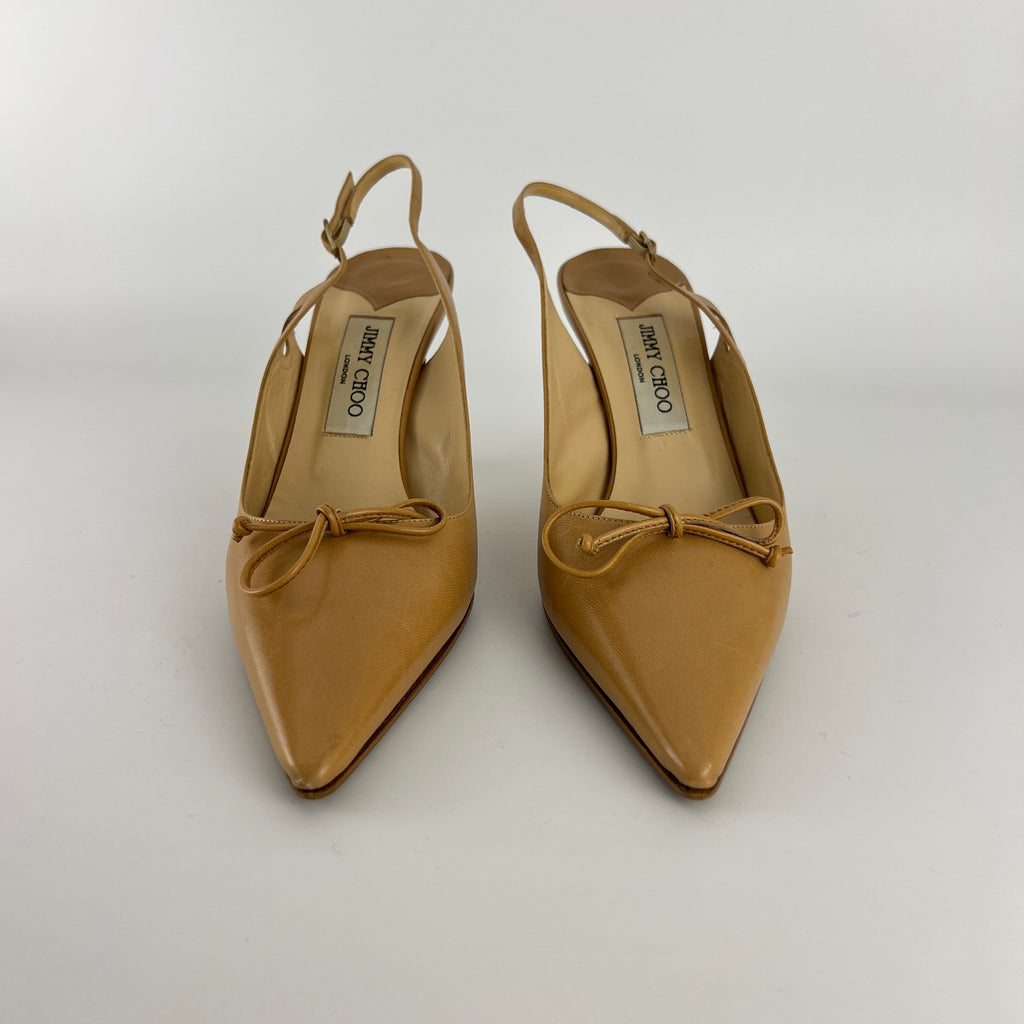 Jimmy Choo | Nude Leather Bow Pointed Toe Slingback Pumps (39)