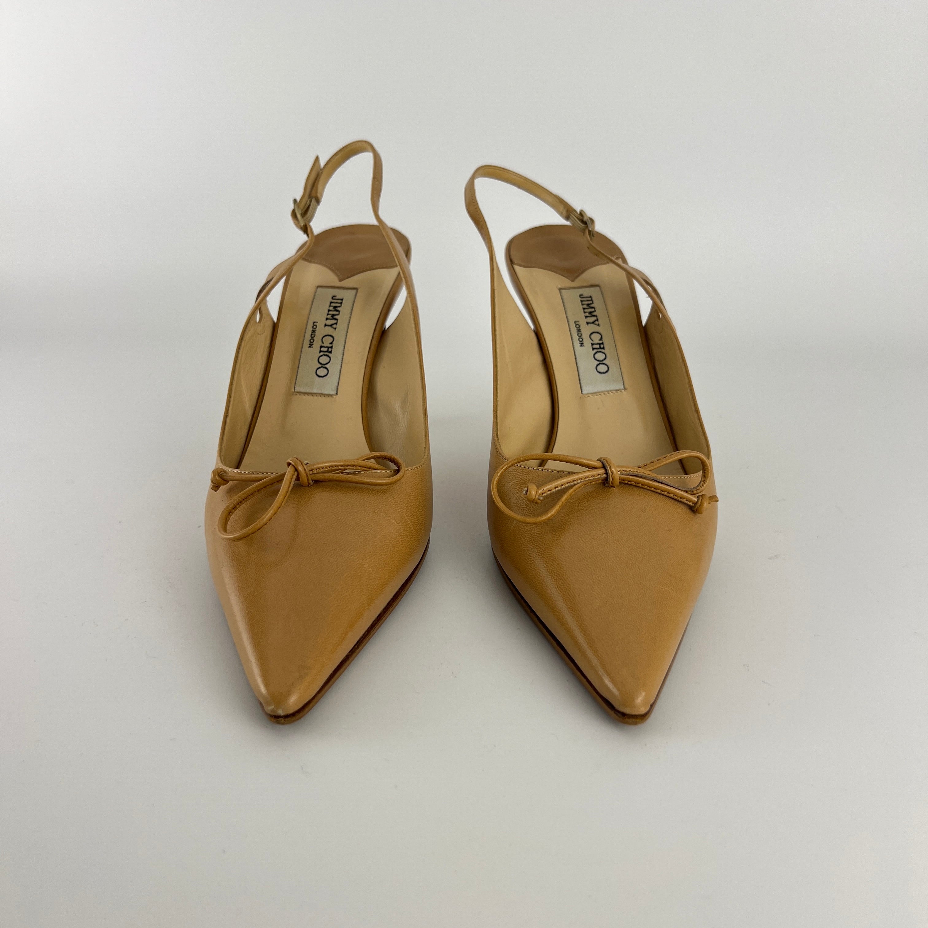 Jimmy Choo | Nude Leather Bow Pointed Toe Slingback Pumps (39)