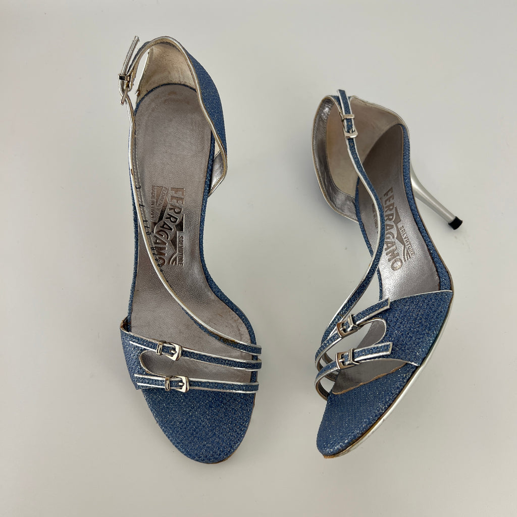 Ferragamo | Blue Silver "Denim" Exotic Leather Dainty Buckles Strappy Heel (7C)