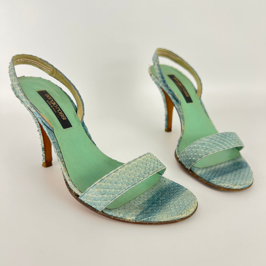 Sergio Rossi | Turquoise Blue Snake Leather Slingback Sandal Heels (35)