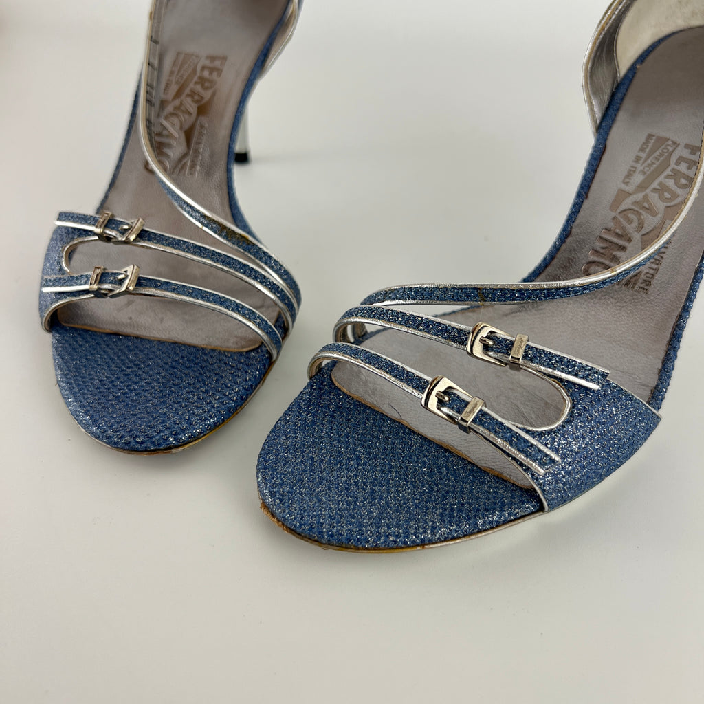 Ferragamo | Blue Silver "Denim" Exotic Leather Dainty Buckles Strappy Heel (7C)