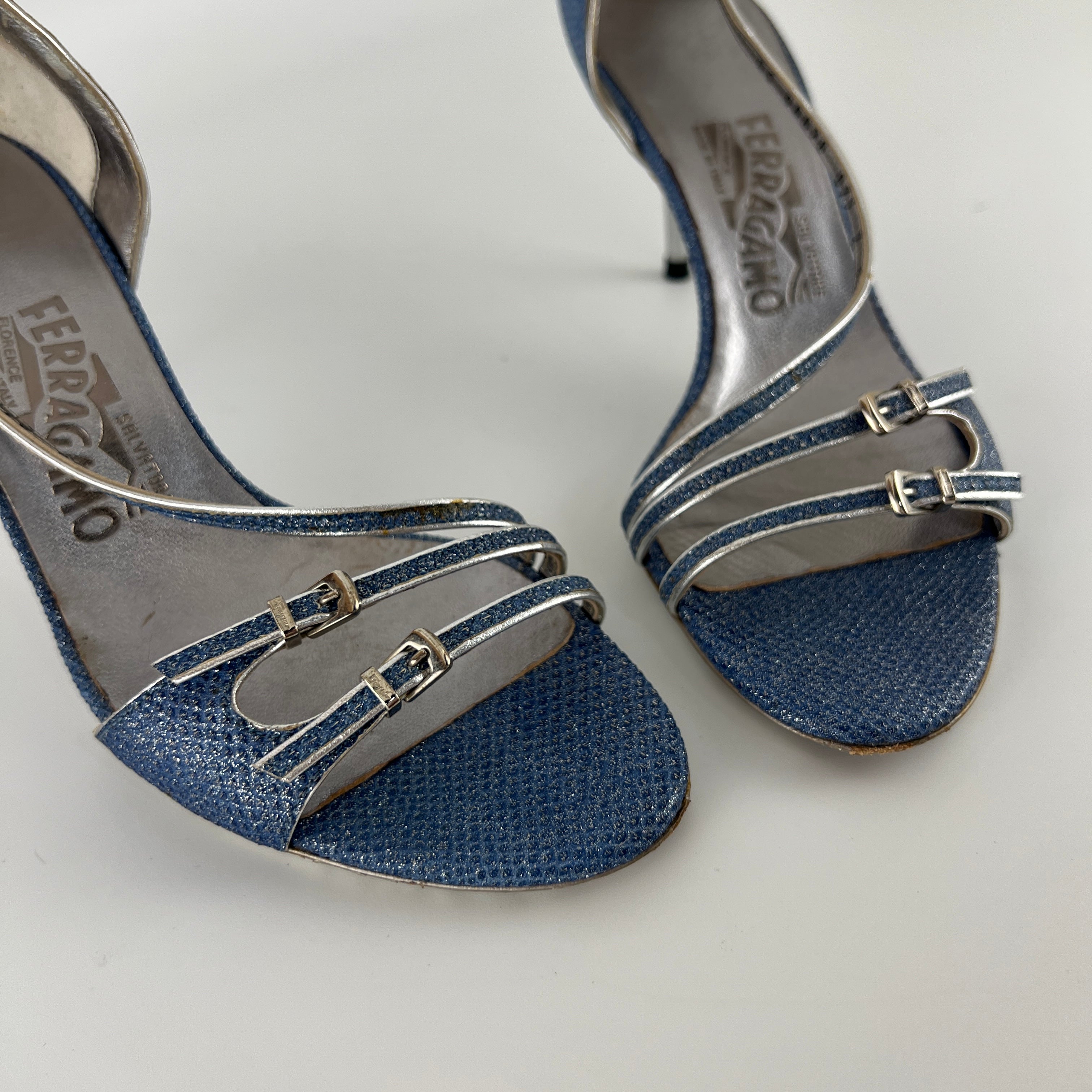 Ferragamo | Blue Silver "Denim" Exotic Leather Dainty Buckles Strappy Heel (7C)