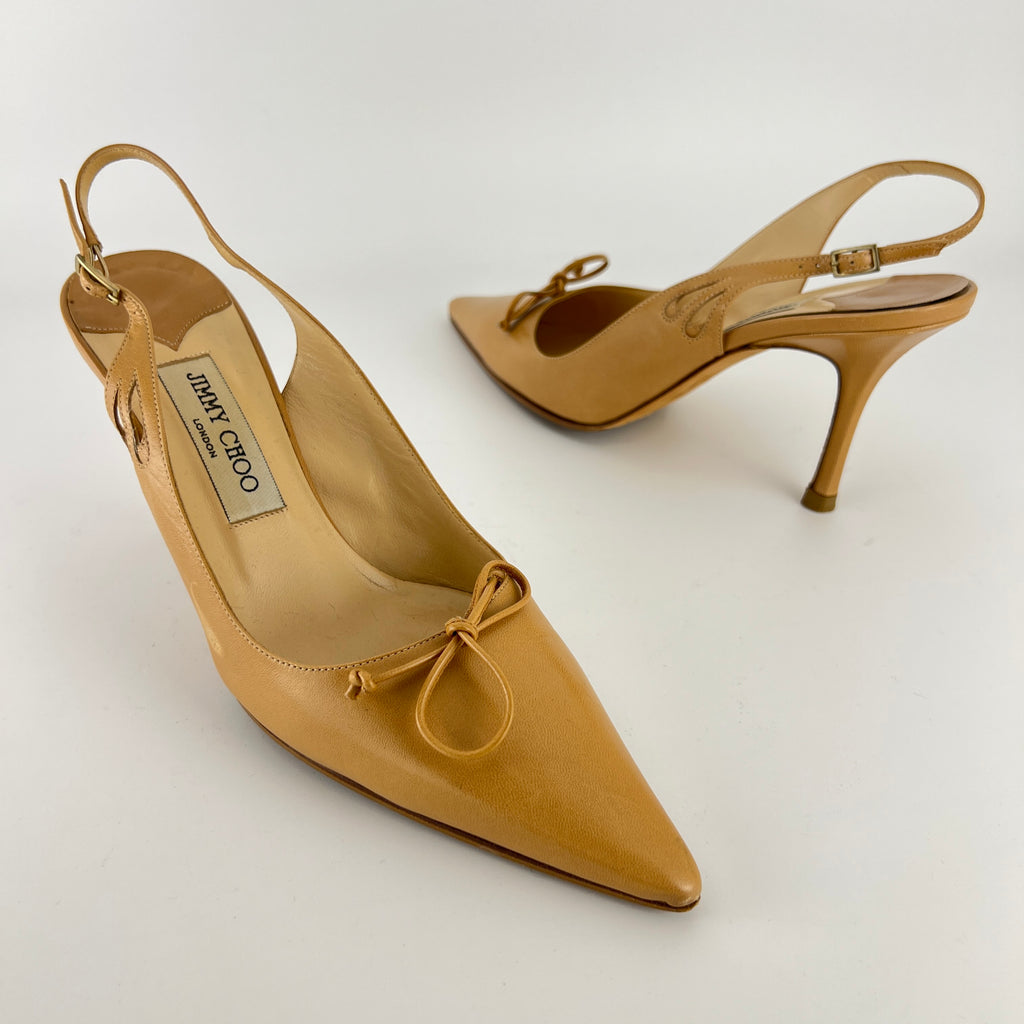 Jimmy Choo | Nude Leather Bow Pointed Toe Slingback Pumps (39)