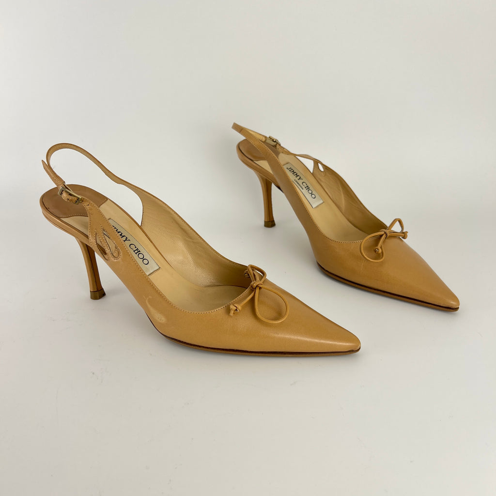 Jimmy Choo | Nude Leather Bow Pointed Toe Slingback Pumps (39)