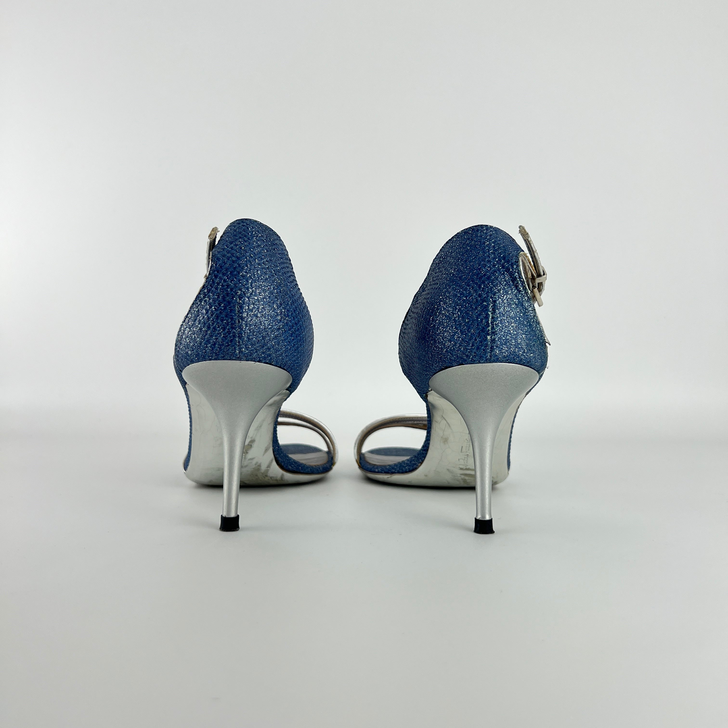 Ferragamo | Blue Silver "Denim" Exotic Leather Dainty Buckles Strappy Heel (7C)